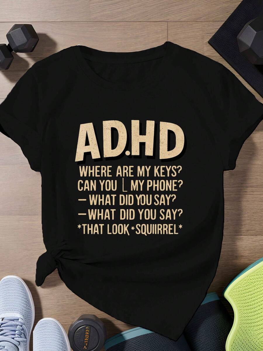 Women's Casual T-Shirt With Humorous ADHD Phrases - Short Sleeve, Round Neck, Cotton Knit - Machine Washable - 黑色 - 查看 1