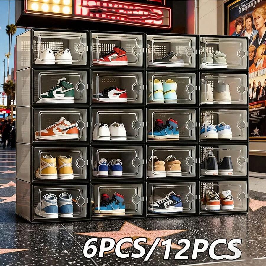 Shoe Storage Box, 6/12 Pack Clear Plastic Stackable Storage Boxes, Space Saving Multifunctional Sneaker Rack Container Box Rack, Foldable Shoe Storage Box, Ideal Halloween/Christmas Gift - 彩色 - 查看 1