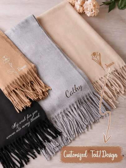 Personalized Scarf With Fringe Trim, Custom Name Or Initials Printed, Multiple Colors Available (Cream, Tan, Gray, Black), Soft Winter Shawl, Elegant Gift For Her Or Him, Cozy Fashion Wrap Scarf
