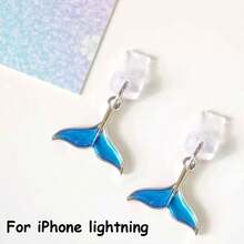 1 pieza Tapón antipolvo para smartphone con diseño de cola de sirena azul, accesorio creativo y elegante con colgante de metal de aleación con diseño de cola de sirena o ballena de la serie oceánica, tapón de silicona transparente para teléfono, auriculares, tableta, Kindle, decoración para puerto de carga del teléfono