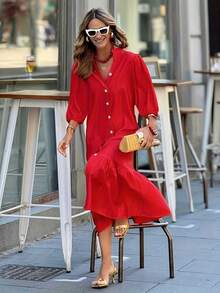 Vestido elegante de calle de vacaciones con cuello en V y mangas de siete cuartos, vestido largo, para otoño e invierno, té, fiesta, ropa de invierno - Rojo - Ver 3