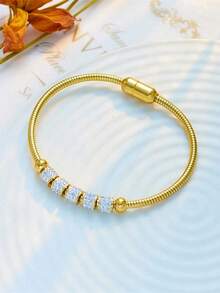 1pc Stainless Steel Magnetic Oval Bracelet, Unique & Versatile, Suitable Everyday Wear - 黃金 - 查看 7