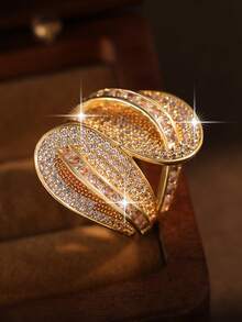 1 chiếc nhẫn hình lá nhiều lớp sang trọng đính đá Cubic Zirconia, phụ kiện trang sức cưới thời trang lấp lánh, có thể điều chỉnh kích thước, phù hợp cho phụ nữ đeo hàng ngày, đi du lịch và nhiều dịp khác nhau. - Vàng - Xem 7