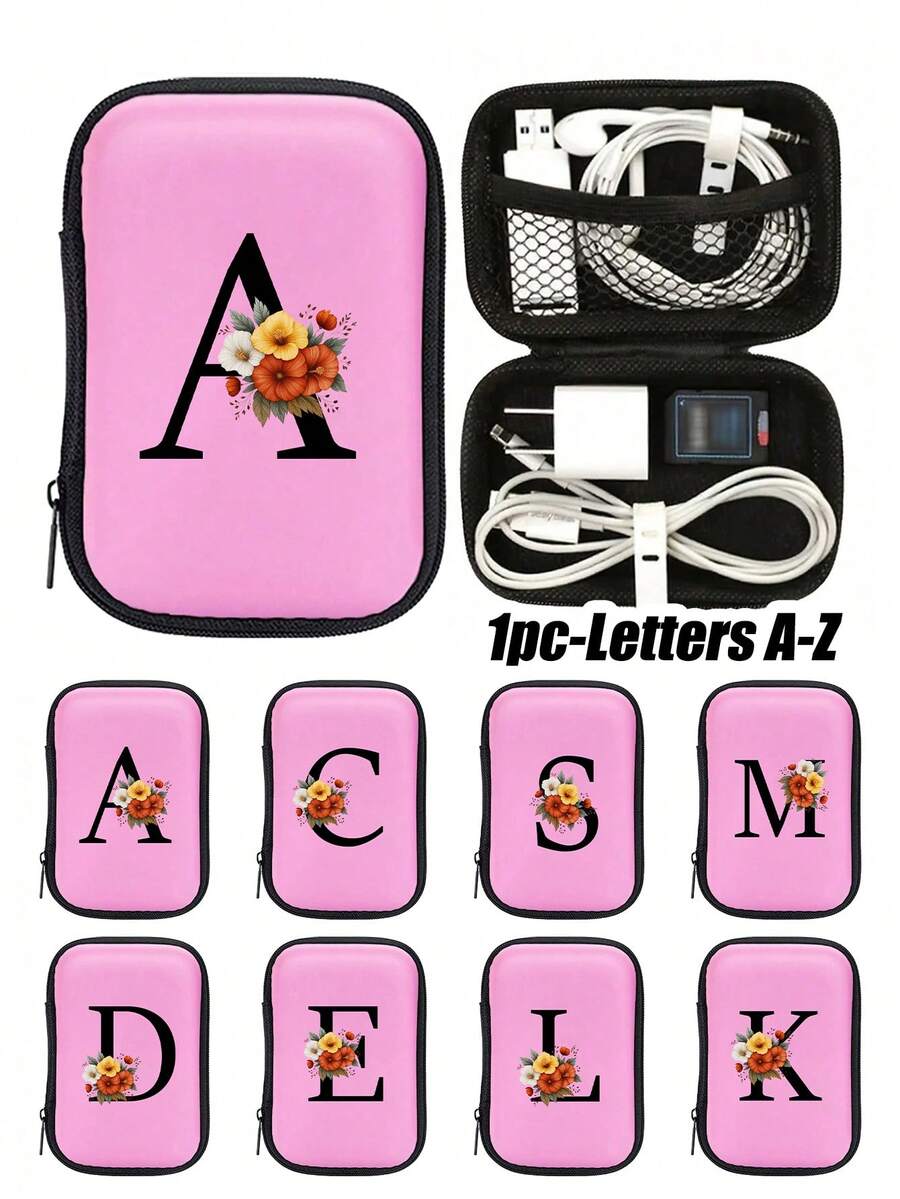 Sac organisateur en EVA rose avec initiales A-Z, sac de rangement pour câbles de données + ligne de données USB, étui de rangement pour câbles électroniques, chargeurs, écouteurs, porte-écouteurs pour festival de musique, accessoires tech de voyage pratiques, étui zippé de rangement, répondant à vos besoins de stockage quotidiens. Peut être utilisé pour le transport, le travail, l'école, le stockage en dortoir
