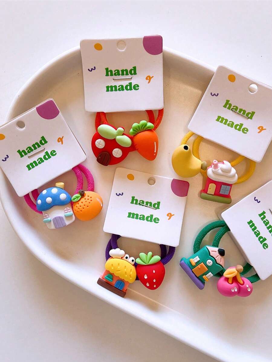 10 Stück süße Haus-förmige Haargummis, Cartoon Obst Haarbänder für Mädchen, elastische Gummibänder, Version A/B Haarschlaufen, Kinderzubehör für die Haare.