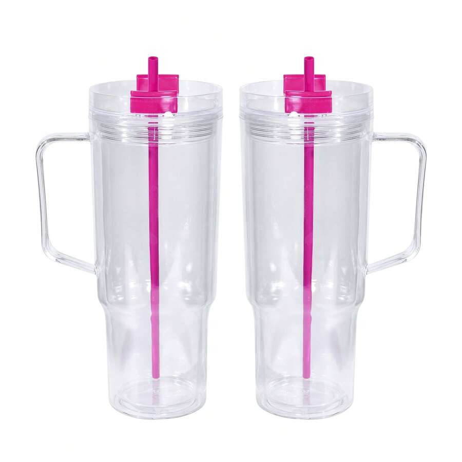 AGH 40oz Snowglobe Tumbler With Handle And Lid, Acrylic Snow Globe Cups With Pre-Drilled Hole, Double Wall Reusable Clear Plastic Travel Coffee Mug Cup For Snowglobe Glitter DIY, 2 Pack Hot Pink - 玫紅色 - 查看 1