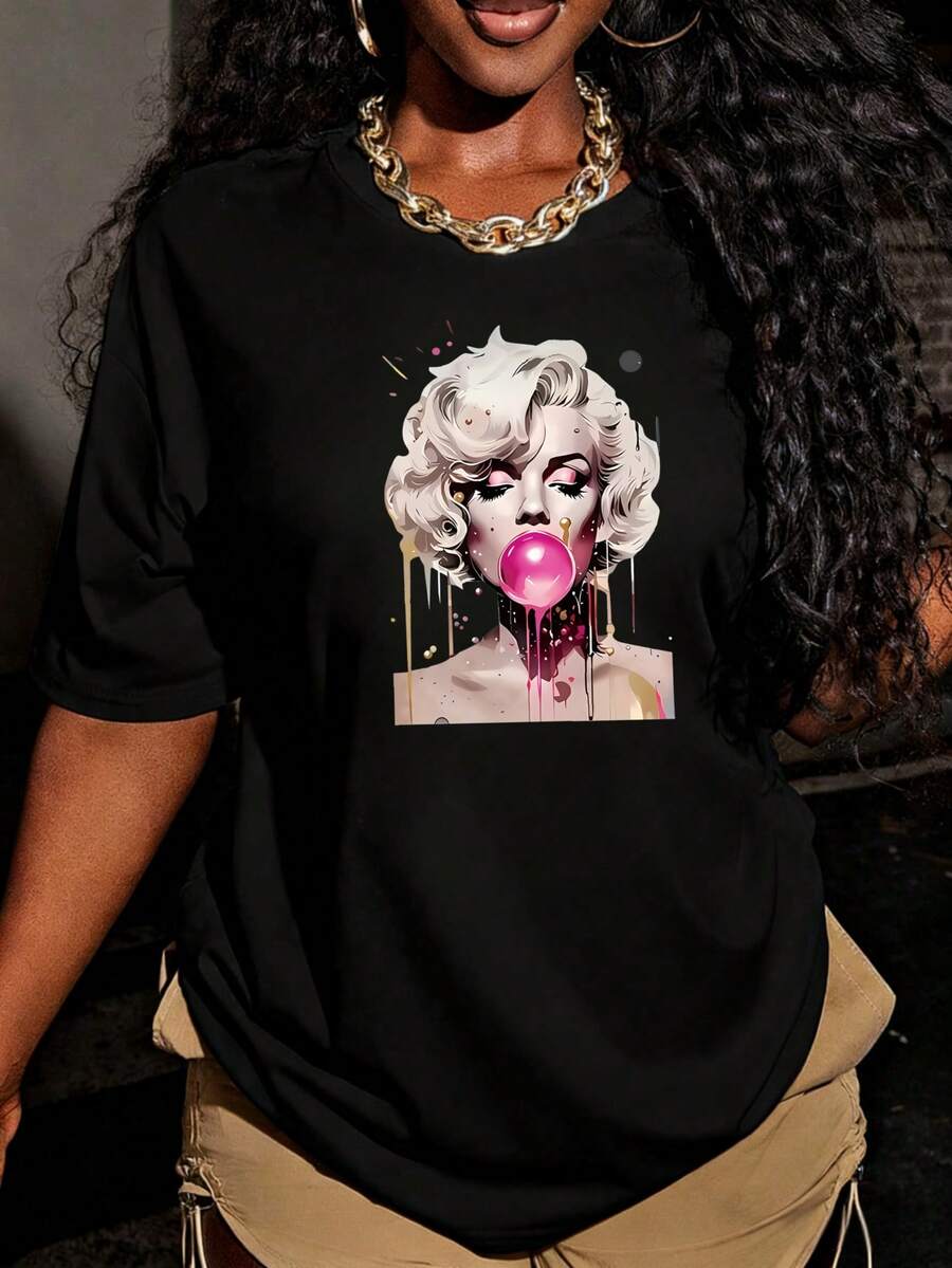 Women's Plus Size-Shirt Oversized Black White Graphic Print Marilyn Bubblegum Art Design Casual Summer Top Fashion Statement Shirts Summer Tops Graphic Tees Summer Outfits Women Graphic Tees Women Crop Tops Tops Women Vintage Cotton Cute Clothes Women - 黑色 - 查看 1