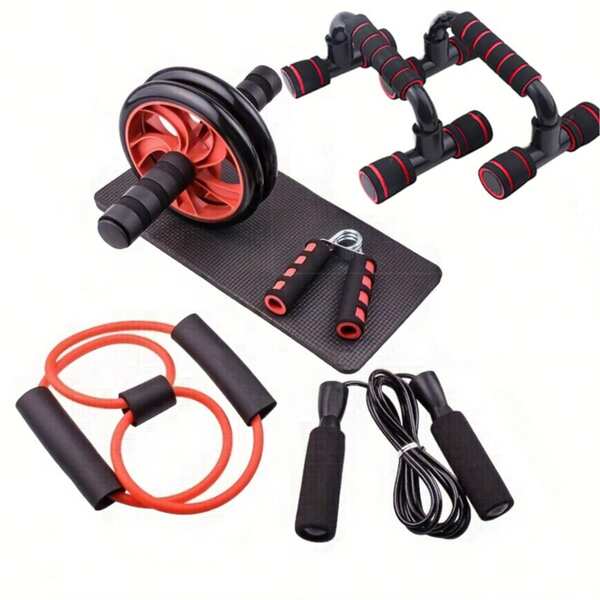 7 Stücke komplette Bauchmuskel-Trainingsausrüstung, inklusive Liegestützgriffe, Bauchrad, Mini-Pads, Widerstandsbänder, Sprungseil und Griffstärke-Geräte, um den Körperkern zu stärken, Muskeln zu formen und Fett zu verbrennen
