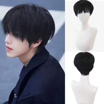 1 件合成黑色直刘海假发 - 男女通用动漫短发型、富有表现力的眼睛设计、自然密度和直发纹理 - 适合角色扮演、日常使用和主题活动，男女皆宜（无需维护） - 非常适合动漫大会和休闲装 - 舒适的合成纤维材质，易于用水喷雾造型