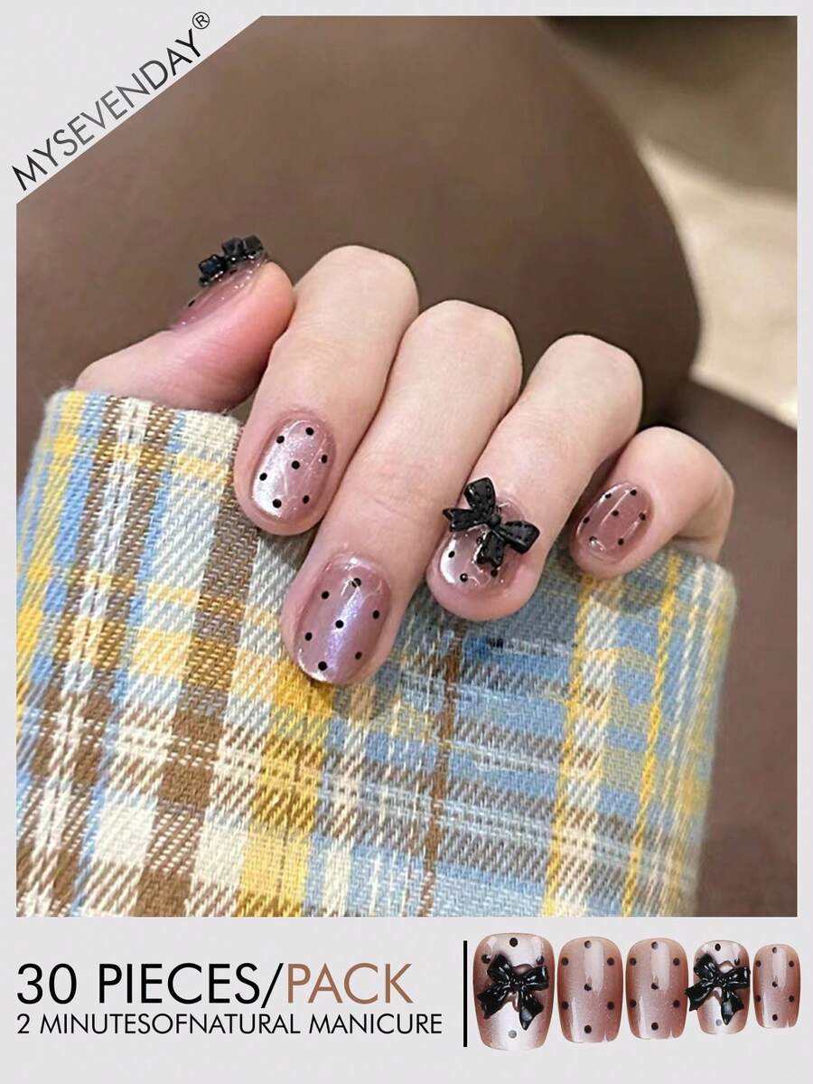 30片方形短款美甲貼片/3D黑色蝴蝶結裝飾圓點圖案，可拆卸假指甲/完美貼合壓克力假指甲組，含1片果凍膠和1片美甲銼條，適合女性秋冬日常工作、學習與派對穿搭，亦適用於派對、節日及日常使用