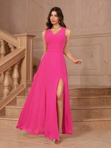 MOEVIO Elegant Deep V-Neck Chiffon Ruched Wrap A-Line Long Dress, Suitable For Formal Occasions Such As Bridesmaid, Wedding Guest, Bridal Shower, Graduation Ceremony, Homecoming, Back To School, Applicable For Various Seasons Including Autumn/Winter, Halloween, Christmas, New Year, Spring Festival - Hot Pink - View 2