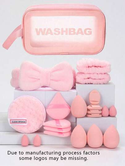 NEFOUME 21 pezzi Set per la cura del viso che include: Borsa da toilette impermeabile + 8 spugne per il trucco (8 a goccia/rotonde/a cono) | Fasce impermeabili per il polso 1 paio + Fascia per capelli con fiocco | Design a ripiani per lo stoccaggio | Asciugamano per capelli e pulizia