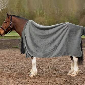 1 件柔软灰色羊毛防风防虫保暖马毯，配有可调节肩带和安全扣闭合，适合大型犬种，冬季马衣