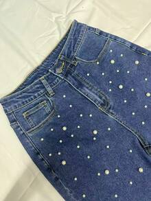 Pantalones casuales anchos de pierna ancha con diseño de denim azul de mujer, estilo callejero europeo y americano de moda Em E Em con adorno de cintura alta
