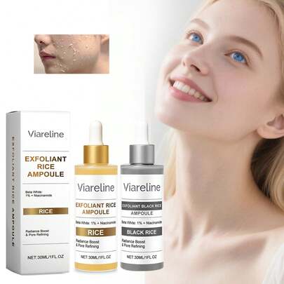 Bộ đôi tinh chất tẩy tế bào chết Peel Shot Brightening Rice Ampoule, gồm 2 chai chiết xuất gạo đen và gạo trắng, nhẹ nhàng loại bỏ da xỉn màu, thu nhỏ lỗ chân lông và dưỡng ẩm sâu. Phù hợp với hầu hết các loại da.