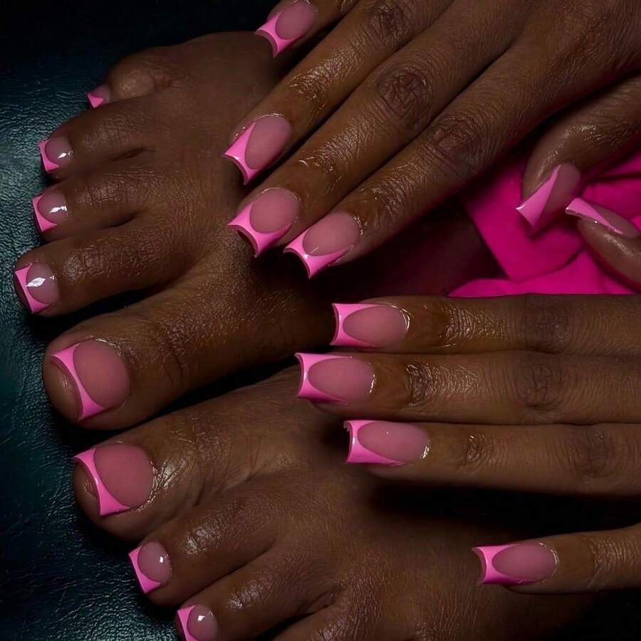 Square Hand And Foot Combination French Pink Stroke Wearing Armor Solid Color Nail Piece - Yzaso-1186 - View 1