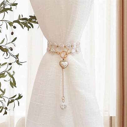 Elegant Curtain Tieback With Round Buckle Charming Beaded Dangling Heart Decorated Curtain Holdbacks For Living Room Bedroom