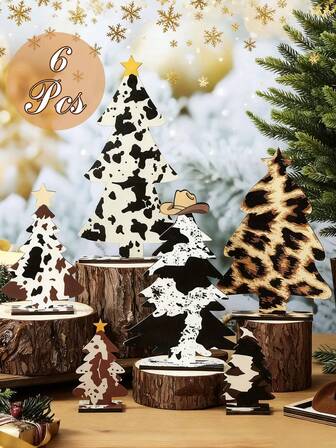 6 piezas Decoraciones de árbol de Navidad de madera rústica para mesa - Estilo rústico, forma asimétrica, sin marco, sin necesidad de electricidad, perfectas para centros de mesa navideños y decoración del hogar, decoraciones navideñas, artículo de decoración del hogar, decoración de apartamento, vintage, decoración de pared, decoración de árbol de Navidad, decoraciones de árbol de Navidad de mesa, decoraciones de árbol de Navidad