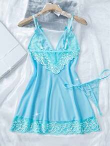 Women's Sexy Lingerie Lace Thong Underwear Seductive Camisole Nightgown - Baby Blue - View 4