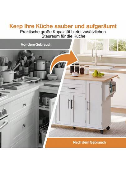 120*45cm, Mobile Kitchen Isl Trolley, Worktop Extends Up To 70cm, Hidden Cutlery Drawer, Adjustable Shelves, Spice Rack Towel Holder, Kitchen, Dining Room Or Living view 3