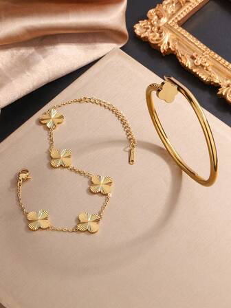 2pcs Exquisite Clover Stainless Steel Plated 18K Gold Buckle Bracelet, High-End And Non Fading, Set With Diamonds, Suitable For Women's Daily Wear As A Gift