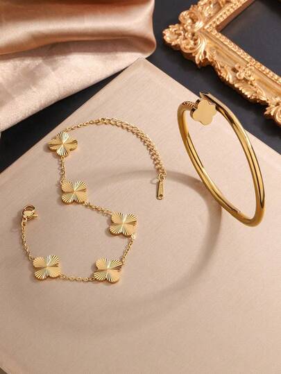 2pcs Exquisite Clover Stainless Steel Plated 18K Gold Buckle Bracelet, High-End And Non Fading, Set With Diamonds, Suitable For Women's Daily Wear As A Gift