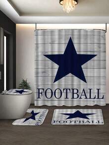 Conjunto de cortina de chuveiro com estampa de estrela de futebol, 1/3/4 peças, à prova d'água, lavável, para decoração de banheiro, com cortina de privacidade para janela, acessórios para banheiro, tecido de poliéster à prova d'água, tapete de banho antiderrapante, tapete higiênico em formato de U, divisória de banheiro, acessórios decorativos, decoração moderna para sala de estar, cortina suspensa, adequada para decoração de casa, decoração de banheiro, decoração de Natal, decoração para feriados e do dia a dia