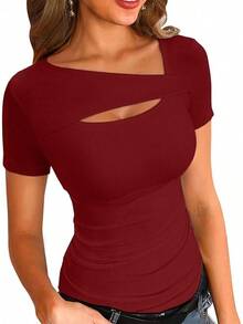 Womens Fashion Fall Cutout Long Sleeve Ribbed Slim Fitted Tops Shirts Tee Tshirts - Short-wine Red - View 12