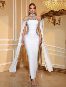 Love Aing Vestido de mujer elegante con adorno de rhinestone de Love Aing, vestido de capa blanco largo de manga larga y cuello alto ajustado, vestido de gala formal para boda, fiesta, banquete