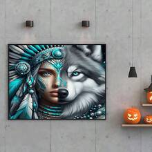 Kit de pintura de diamantes sin marco - Diseño inspirado en lo indígena con patrón de lobo - Bordado de diamantes circulares completos, artesanía DIY mosaico lienzo decoración de pared, 11.81x1.81 pulgadas