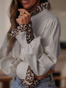 1 chiếc áo sơ mi cổ bẻ cài nút họa tiết da báo và sọc polyester, thích hợp cho kỳ nghỉ, mùa xuân/thu - màu cà phê - Xem 5