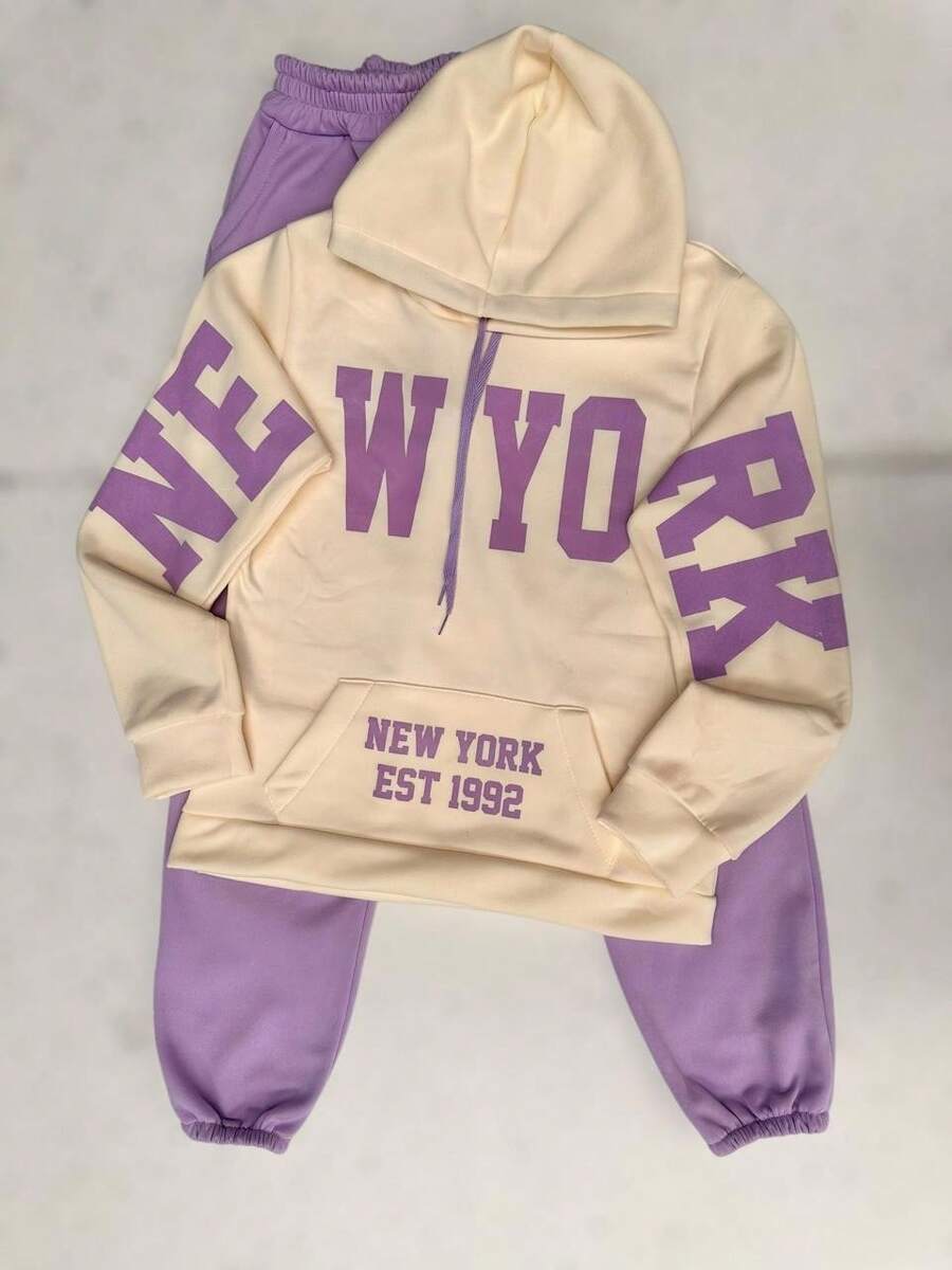 2 pack conjunto Sudadera hoodie con pantalon jogger pants mujer dama bolsillo canguro gorro capucha estampado grafico nombres de ciudades NEW YORK estilo americano juevnil moderno casual caliente frío uso diario | buena calidad | Textura Suave - Lila Púrpura - Ver 1