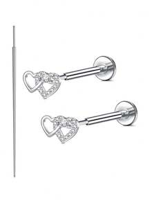 2 件套无螺纹平底锥形耳环耳钉，不锈钢按入式鼻钉环，各种款式 CZ 耳屏软骨海螺鼻穿孔饰品防过敏耳洞女款 20G - Golden and Silvery - 查看 14