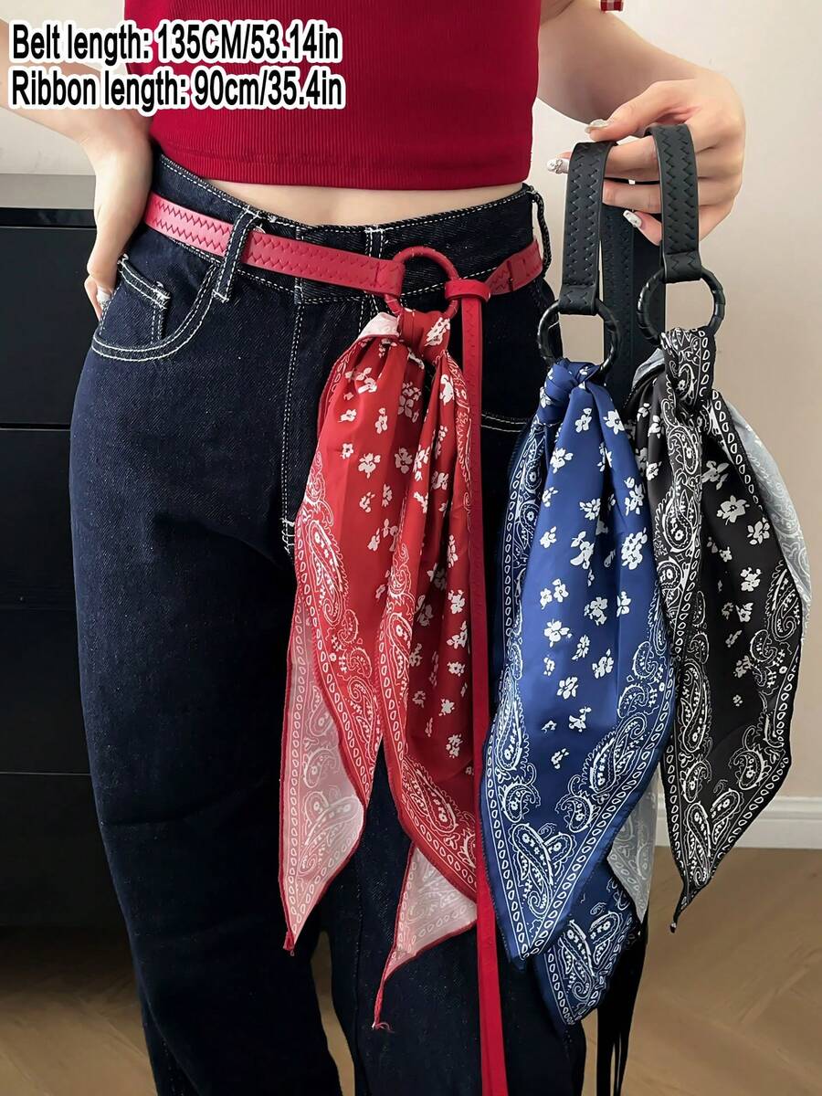 1 Set Sciarpa con motivo paisley + Cintura decorativa/Cintura vita, adatto per abbinare a jeans, abbigliamento scolastico autunnale, stile coreano, abbigliamento da cowgirl per donna, vestiti in stile Y2K, abbigliamento autunnale per donna