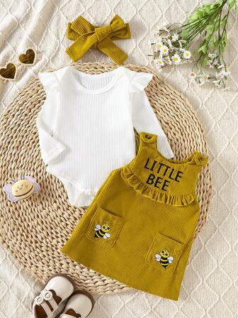 3pcs Baby Girls' Bib Dress Set - Brown Bee Bib Dress + White Long Sleeve Bodysuit + Headband