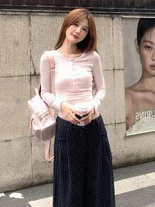 Korean Style Sweet & Hot Girl Pink Long Sleeve T-Shirt, Autumn/Winter, Half-Collar, Slim Fit, Layering Undershirt - Pink - View 2