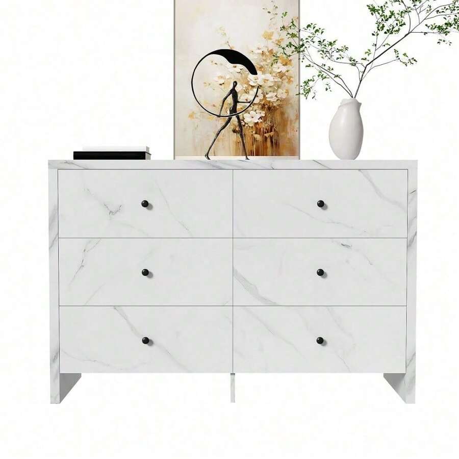 Sideboard, Eleganter Aufbewahrungsschrank mit Marmor-Optik, 120 cm, 6 Schubladen und schwarzem Holzgriff, Anti-Kipp-Vorrichtung - Modernes Möbelstück für Ihr Zuhause