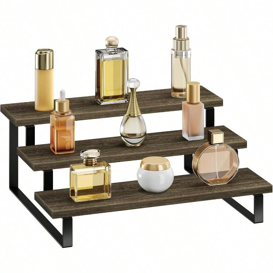 DWooden Display Riser Stand 3 Tier Perfume Display Stand Perfume Organizer With Metal Stand For Drer Display Shelf For Cologne Spice Rack Figruine Cupcake - 3TierBrown - View 1