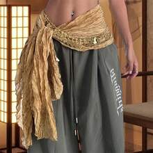 Belly Dance Hip Scarf For Women/Girls, Y2K Pleated Belt Shawl Jazz Hiphop Waist Belts With Coins Chains - 黃色 - 查看 2