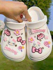 14pcs Sanrio Hello Kitty, Bow, Cat Paw, Lollipop Hollow Shoe Charms, Removable DIY Shoe Decorations Suitable For Slippers, Sandals, Beach Shoes, Beach Bags, Fashion Accessories, Great For Children's Day And Other Special Occasions