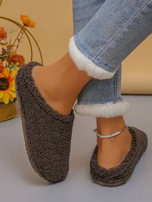 Women's Plus Size 36-43 Casual Slippers, Solid Color Soft Plush Lining Flat Slip-On House Shoes, Warm Thermal Lined Indoor Slippers For Winter