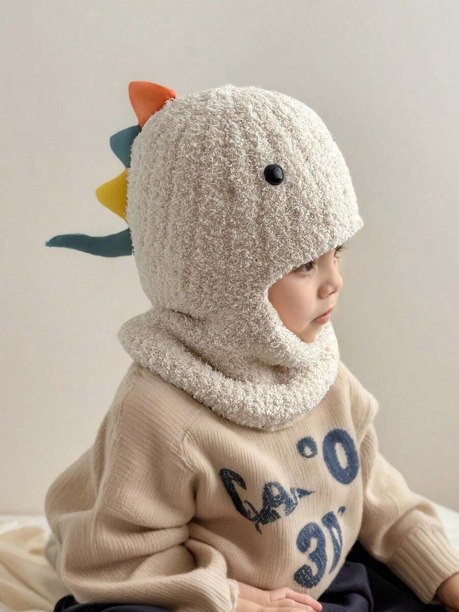 1pc Toddler Boys' Dinosaur Thermal-Lined Balaclava Hat, Knitted Beanie With Scarf, Warm Winter Cap