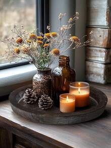 1pc Large Capacity Approximately 30cm Diameter Natural Wood Rustic Round Tray, Carefully Selected Fine Sanded Solid Wood Material (Natural Distinct Grains, Smooth Texture And Sturdy Support) - Coffee Brown - View 8