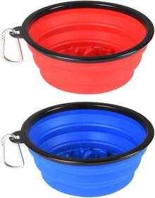 Large Collapsible 34oz Travel Dog Water And Food Bowls, Portable Foldable Dishes With Carabiner Clip, 2 Pack (Purple+Red) - 34oz慢速餵食器-藍色&紅色 - 查看 7