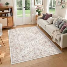 Grand tapis floral, tapis de salon pliable antidérapant avec imprimé, tapis de sol usé lavable en machine, tapis d'intérieur traditionnel facile à nettoyer pour chambre à coucher, salle à manger - Rose bonbon - Voir 2