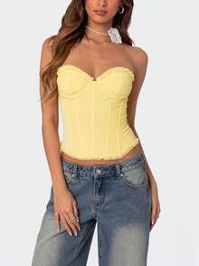 Women Sheer Mesh Lace Up Corset Y2K Frilled Trim Bustier Crop Tube Tops Solid Color Slim Fit Backless Strapless Boned Bodyshaper Tank Tops Party Rave Club Going Out Tops Streetwear - Màu vàng - Xem 2