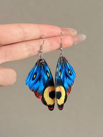 一对蓝色蝴蝶翅膀创意优雅耳环，精致时尚独特耳环