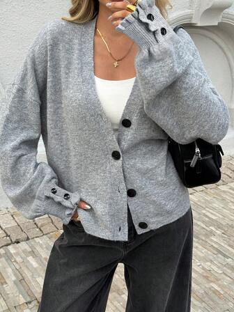 Just Masa 女士秋冬开学季休闲优雅纯色纽扣前V领长袖毛衣开衫