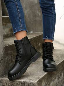 2024 Autumn/Winter New Lace-Up Flat Boots For Women,Go With Jeans, Warm Fuzzy Lining Versatile Thick Heel Increased Height Ankle Boots - Black - View 6