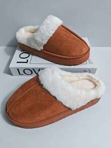 2025秋冬新款女童拖鞋，室内家居风，保暖加厚绒底鞋，百搭休闲家居鞋，一双休闲拖鞋 - 棕色 - 查看 5